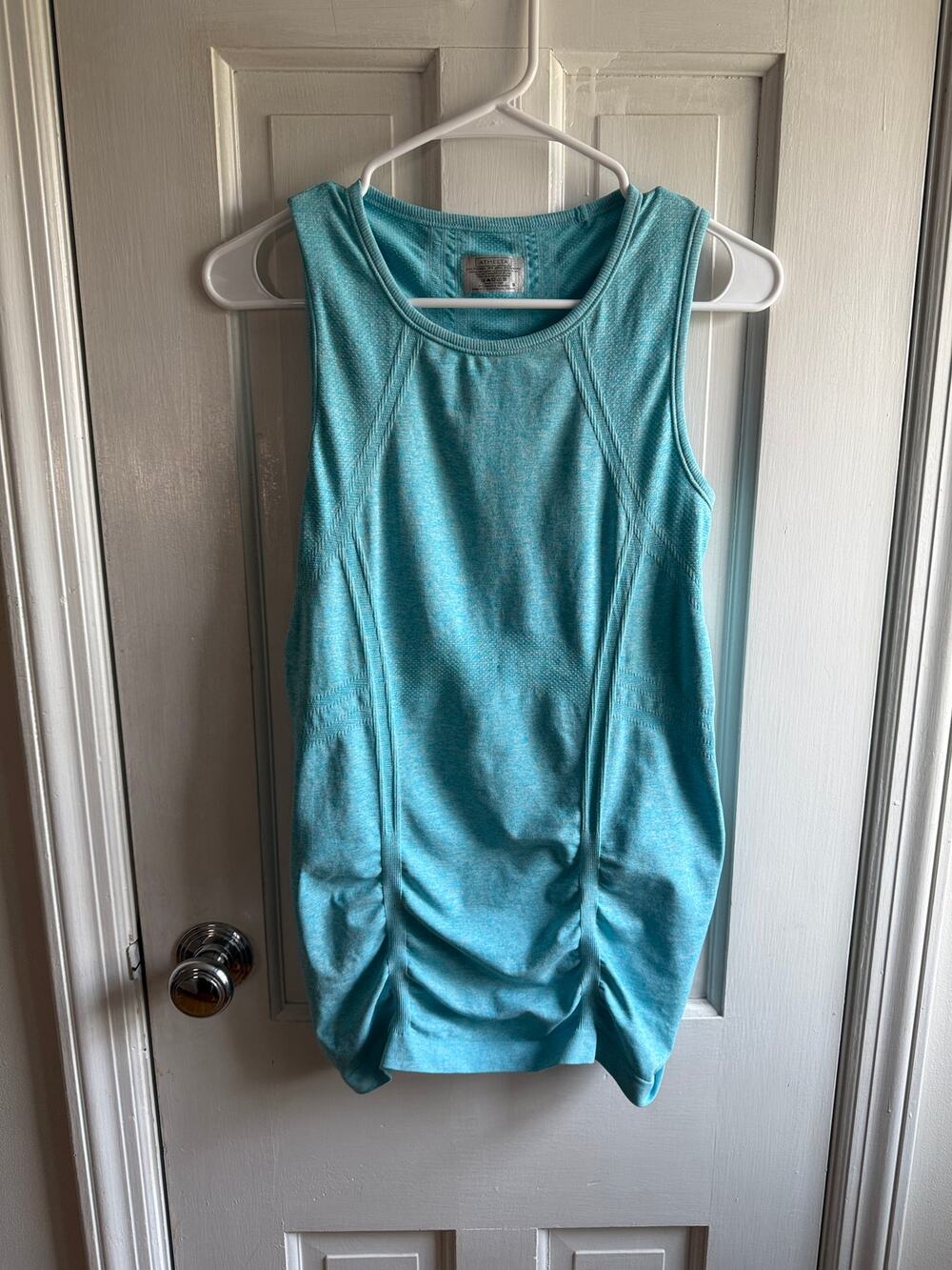 Athleta Fast Track Ruched Tank Top - Light Blue Heather Seamless EUC